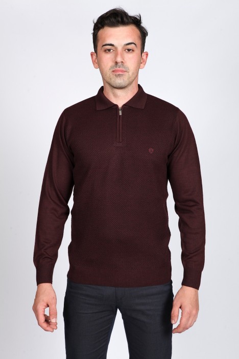 MIDDLE BORDO COLOR ZİP-NECK POLO SWEATHER WİTH WOOL