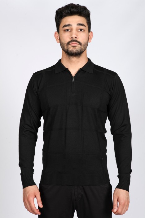 BLACK COLOR ZİP-NECK POLO SWEATHER WITH WOOL