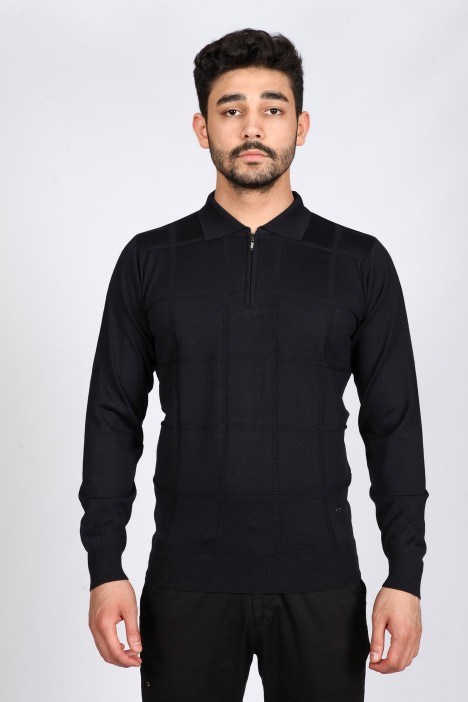 NAVY BLUE COLOR ZİP-NECK POLO SWEATHER WİTH WOOL