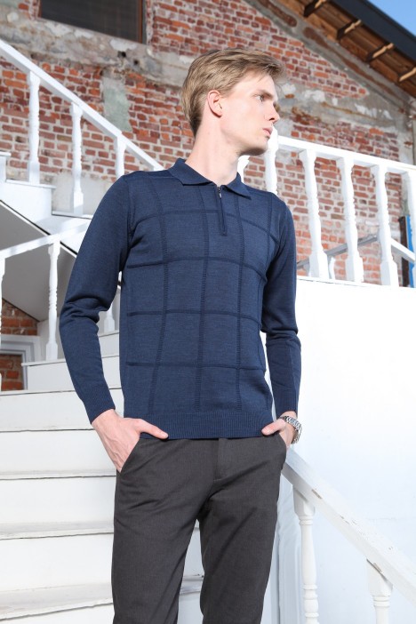 SAX BLUE COLOR ZİP-NECK POLO SWEATHER WITH WOOL