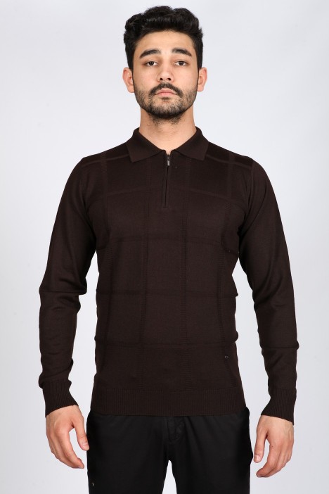 DARK BROVN COLOR ZİP-NECK POLO SWEATHER WITH WOOL