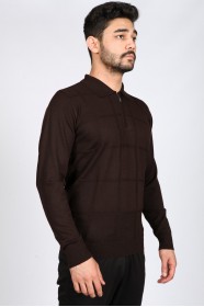 DARK BROVN COLOR ZİP-NECK POLO SWEATHER WITH WOOL