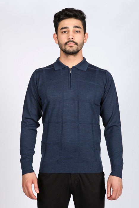 DARK PARLIAMENT COLOR ZİP-NECK POLO SWEATHER WITH WOOL