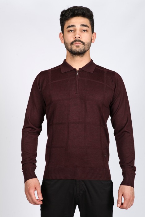 MIDDLE BORDO COLOR ZİP-NECK POLO SWEATHER WITH WOOL