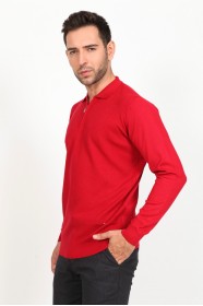 RED COLOR EMBOSSED TEXTURE DETAILED POLO ZIPPERED SWEATER