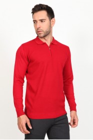 RED COLOR EMBOSSED TEXTURE DETAILED POLO ZIPPERED SWEATER