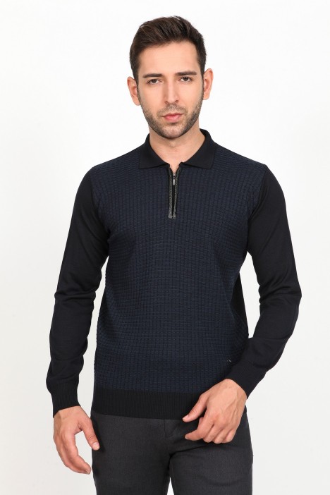 ﻿Wool Polo Collar Zippered Leather Front Band Navy Blue