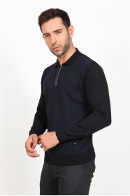 ﻿Wool Polo Collar Zippered Leather Front Band Navy Blue