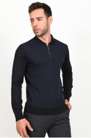 ﻿Wool Polo Collar Zippered Leather Front Band Navy Blue