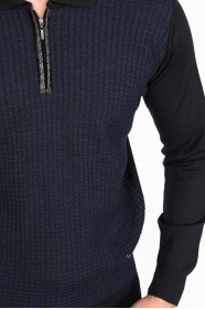 ﻿Wool Polo Collar Zippered Leather Front Band Navy Blue
