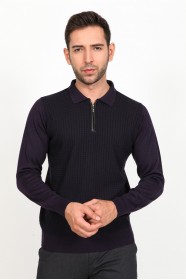 ﻿Wool Polo Neck Zippered Leather Front Band Dark Purple
