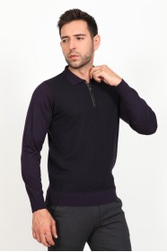 ﻿Wool Polo Neck Zippered Leather Front Band Dark Purple