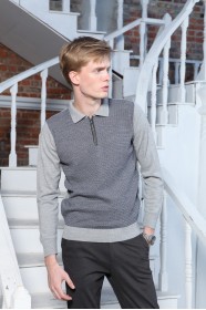 ﻿Wool Polo Neck Zippered Leather Front Band Medium Gray