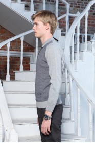 ﻿Wool Polo Neck Zippered Leather Front Band Medium Gray