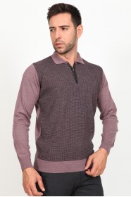 ﻿ Wool Polo Neck Zippered Leather Front Tape Light Purple