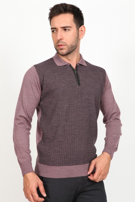 ﻿ Wool Polo Neck Zippered Leather Front Tape Light Purple
