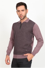 ﻿ Wool Polo Neck Zippered Leather Front Tape Light Purple