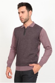 ﻿ Wool Polo Neck Zippered Leather Front Tape Light Purple