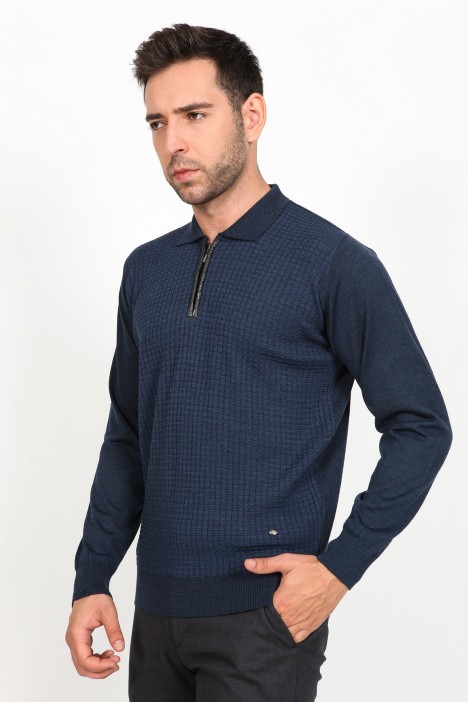 ﻿Wool Polo Collar Zippered Leather Front Tape Dark Parliament