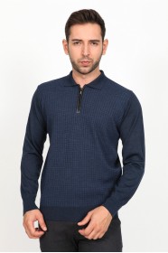 ﻿Wool Polo Collar Zippered Leather Front Tape Dark Parliament
