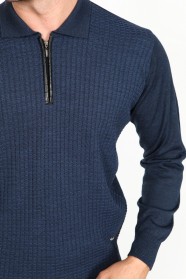 ﻿Wool Polo Collar Zippered Leather Front Tape Dark Parliament