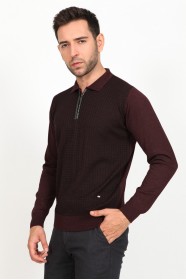 ﻿Wool Polo Neck Zippered Leather Front Band Medium Claret Red