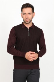 ﻿Wool Polo Neck Zippered Leather Front Band Medium Claret Red