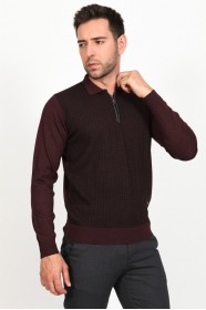 ﻿Wool Polo Neck Zippered Leather Front Band Medium Claret Red