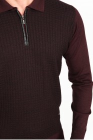 ﻿Wool Polo Neck Zippered Leather Front Band Medium Claret Red