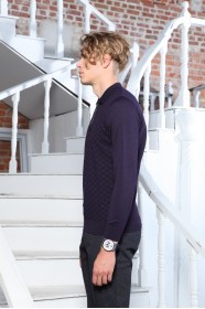 ﻿ Wool Polo Neck Zippered Leather Front Band Dark Purple