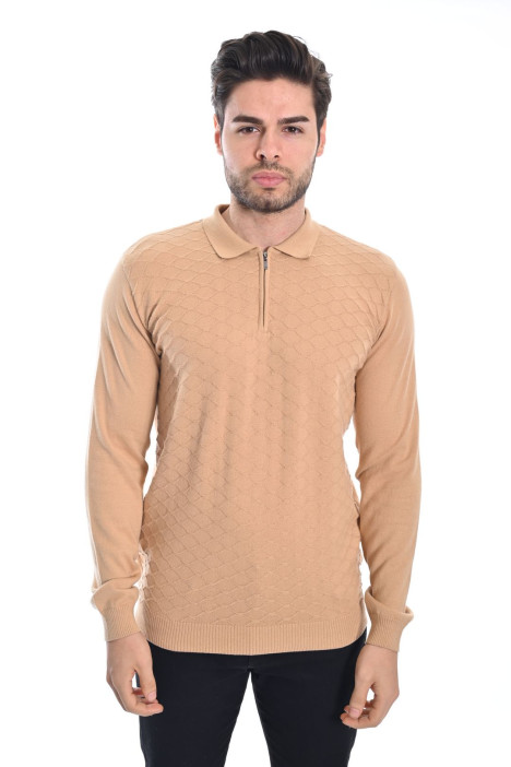 ﻿﻿ Pamuk Polo Yaka Fermuarlı Camel