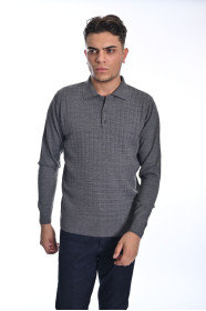 ﻿﻿ Yün Comfort Polo Yaka Düğmeli Koyu Gri