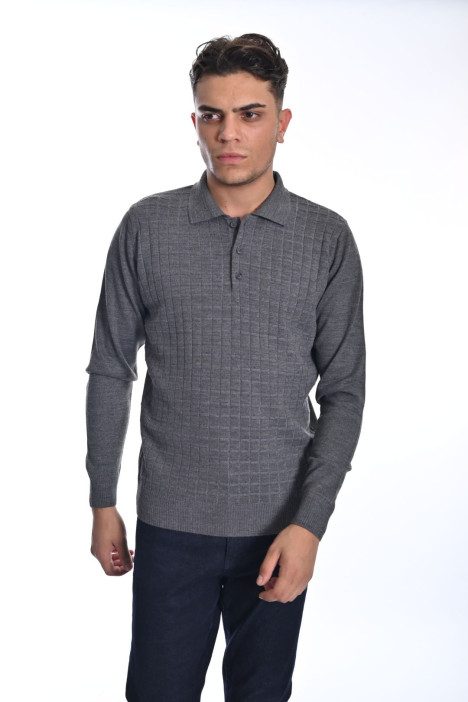 ﻿﻿ Yün Comfort Polo Yaka Düğmeli Koyu Gri