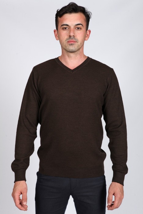 MELANGE BROWN COLOR V-NECK SWEATER WİTH WOOL