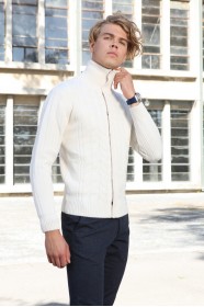 BONE-WHİTE COLOR ZİP-THROUGH CARDİGAN WİTH WOOL