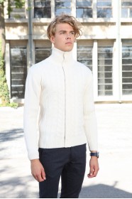 BONE-WHİTE COLOR ZİP-THROUGH CARDİGAN WİTH WOOL