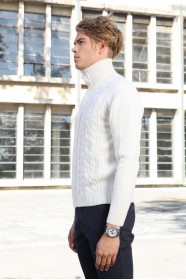 BONE-WHİTE COLOR ZİP-THROUGH CARDİGAN WİTH WOOL