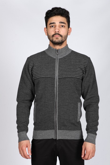 DARK GREY COLOR ZİP-THROUGH CARDİGAN WİTH WOOL