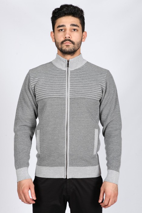 MEDIUM GRAY COLOR ZİP-THROUGH CARDİGAN WİTH WOOL