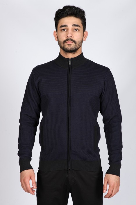 LIGHT DARK BLUE COLOR ZİP-THROUGH CARDİGAN WİTH WOOL