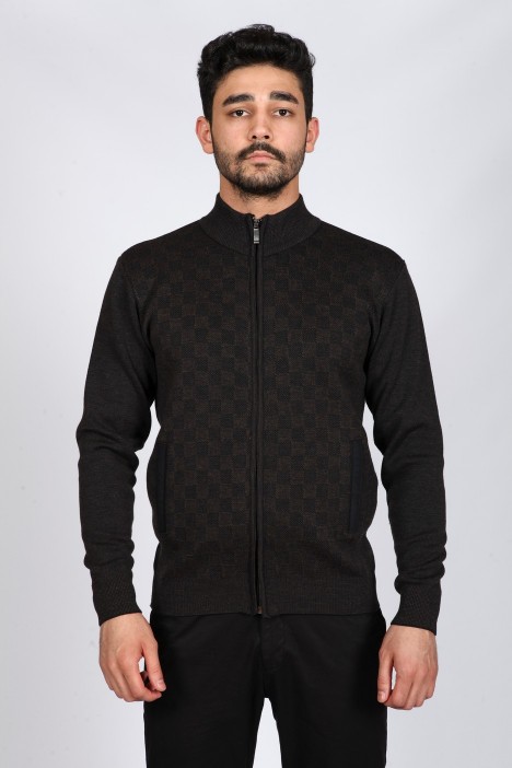 MELANGE BROWN COLOR ZİP-THROUGH CARDİGAN WİTH WOOL