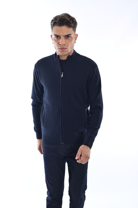 NAVY BLUE COLOR ZİP-THROUGH CARDİGAN WİTH WOOL