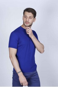 SAX BLUE COLOUR, SHORT SLEEVE, STAND UP COLLAR, REGULAR MOLD, 100% COTTON SWEATER