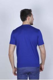 SAX BLUE COLOUR, SHORT SLEEVE, STAND UP COLLAR, REGULAR MOLD, 100% COTTON SWEATER