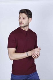 DARK BORDEAUX COLOUR, SHORT SLEEVE,STAND UP COLLAR, REGULAR MOLD, 100% COTTON SWEATER