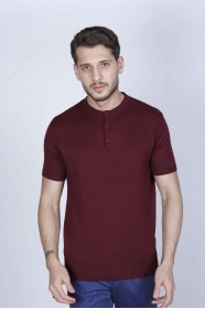 DARK BORDEAUX COLOUR, SHORT SLEEVE,STAND UP COLLAR, REGULAR MOLD, 100% COTTON SWEATER