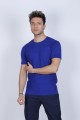 SHORT SLEEVE COTTON ROUND NECK SWEATER. SAX BLUE