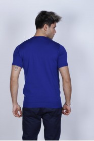 SHORT SLEEVE COTTON ROUND NECK SWEATER. SAX BLUE