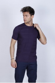 SHORT SLEEVE COTTON ROUND NECK SWEATER. DARK PURPLE