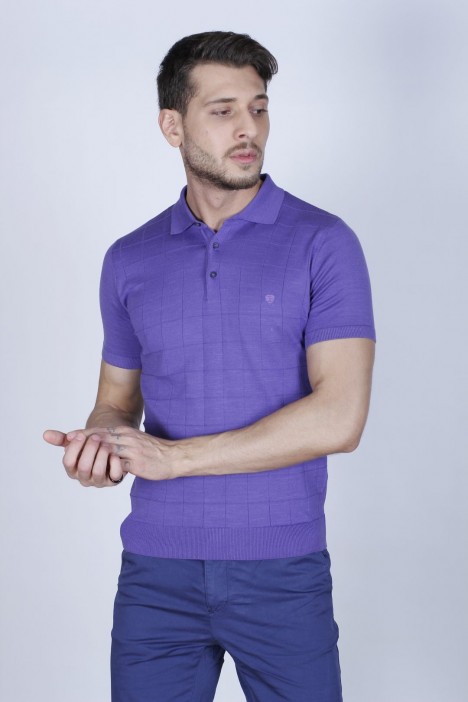 LILAC COLOUR, SHORT SLEEVE, POLO NECK, REGULAR MOLD, 100% COTTON SWEATER